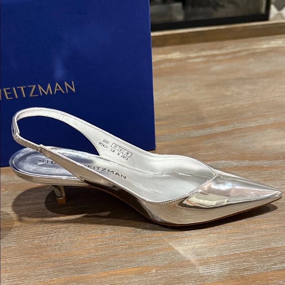 Stuart Weitzman Eva 50 Slingback Pumps 5.5 NIB Silver Metallic Luxury Heels $475